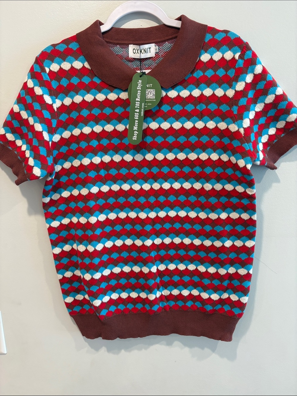 OXKNIT Retro Short-Sleeve Patterned Knit Top in Red, Turquoise & White ptp 19